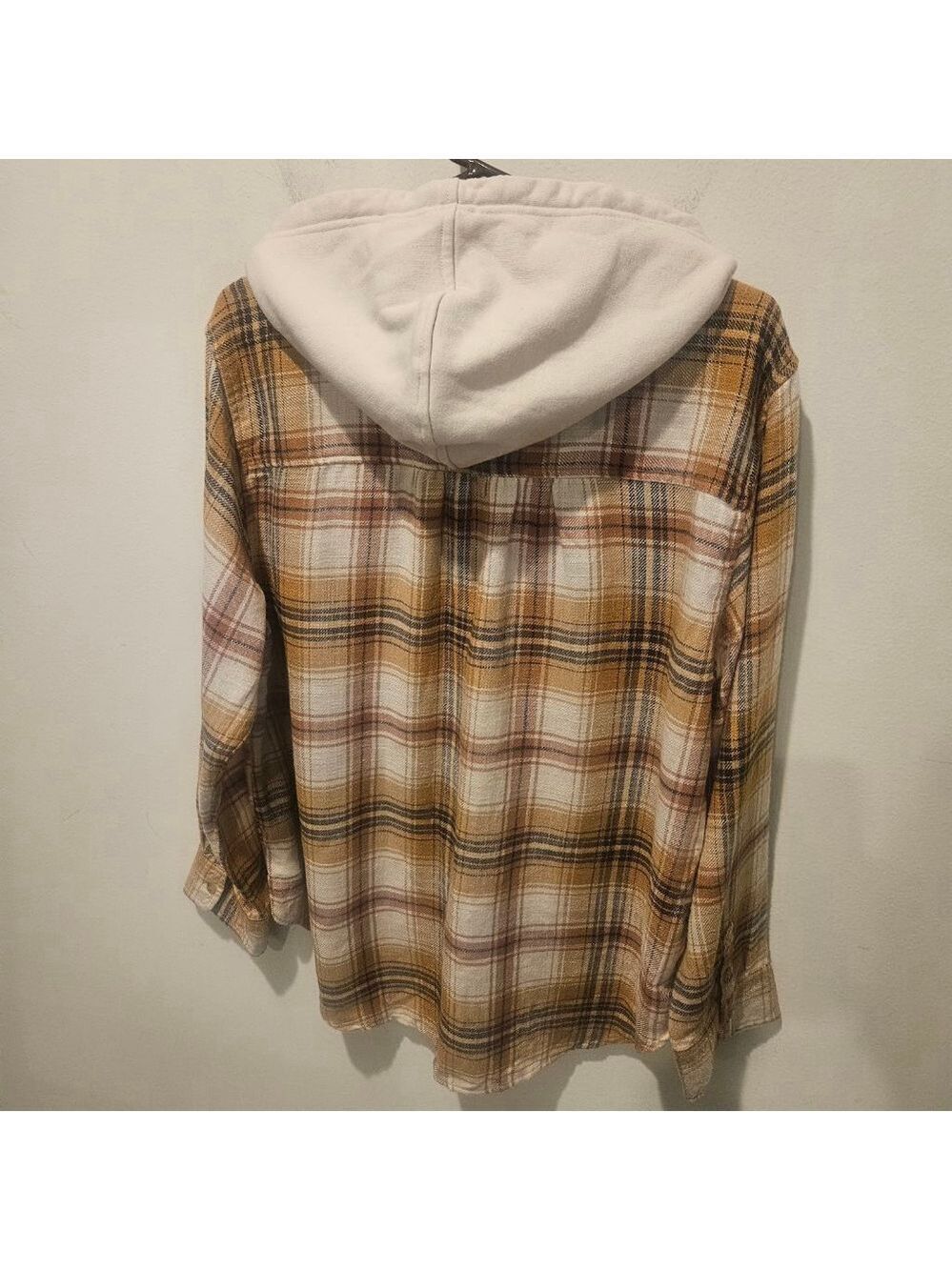 Women's American Eagle Oversized Hooded Plaid Flannel Shirt L Beige Brown - Picture 8 of 11
